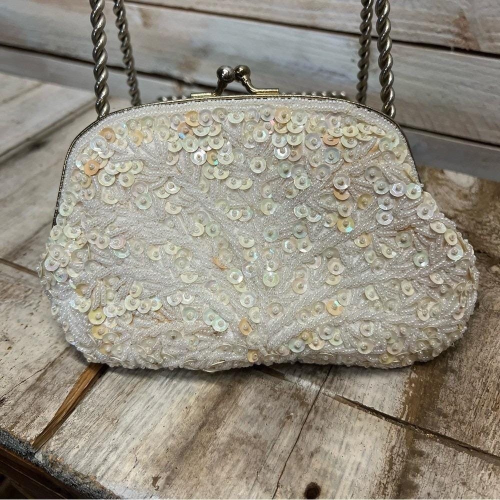 Vintage La Regale White Beaded Sequin Evening Crossbody Bag Bridal Small
